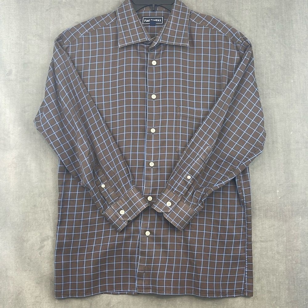 Paul Fredrick Men's 17 Brown Dress Shirt 32 Trim Fit Blue Windowpane Cotton